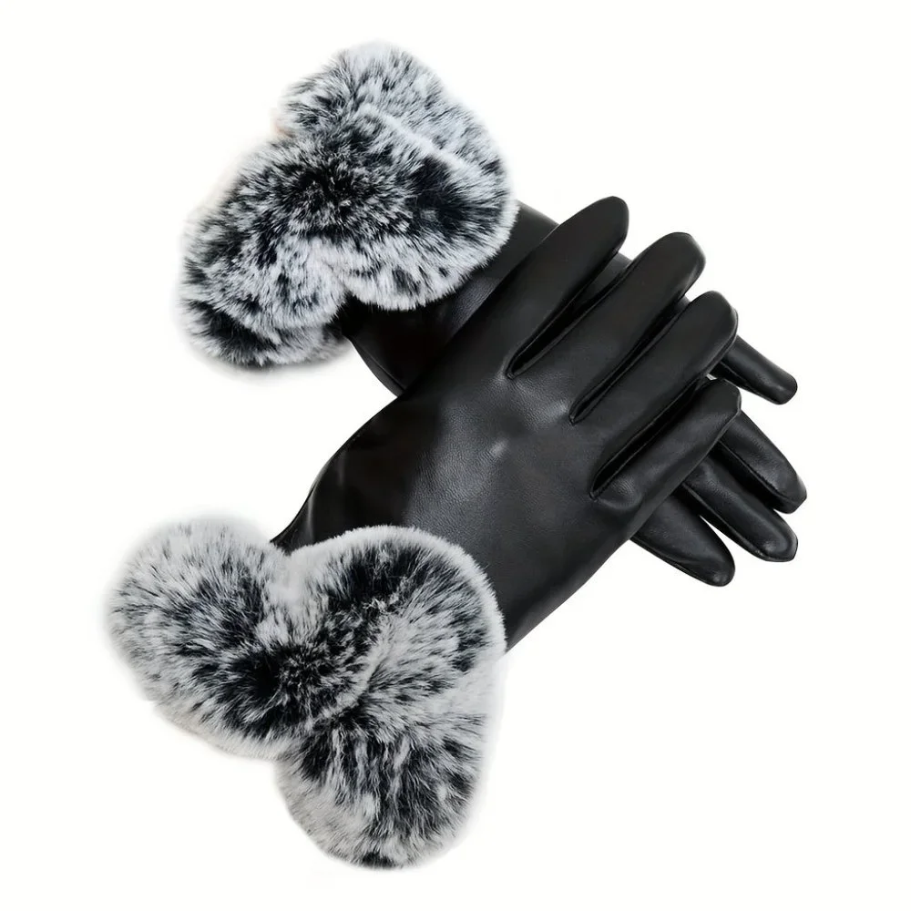 Faux Fur Cuffs Gloves PU Leather Mature Mittens